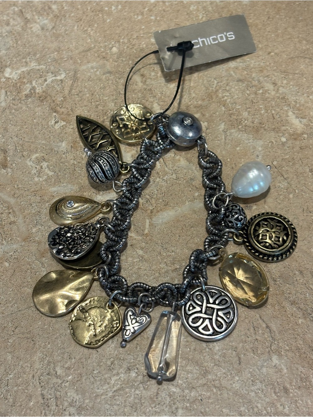 Chico's Two-Tone Mixed Charm Bracelet with Clear and Pearl Accents